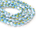 Millefiori Glass White w/ Turquoise & Yellow Flower Round 10mm