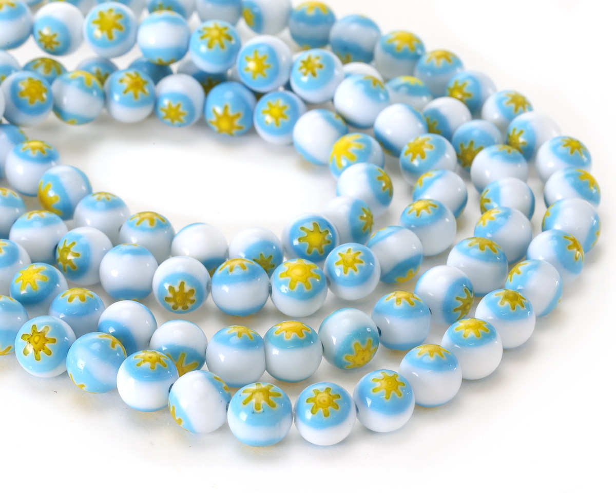 Millefiori Glass White w/ Turquoise & Yellow Flower Round 10mm