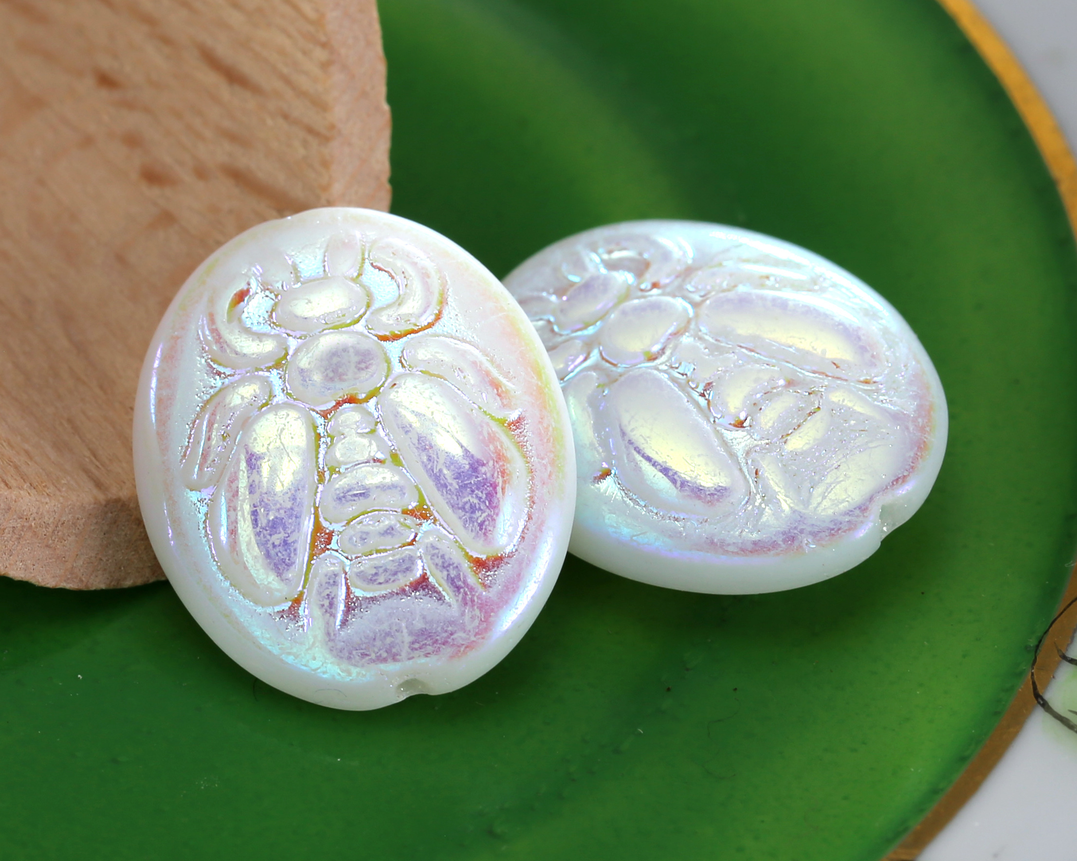 Czech Glass White AB Bee Oval 22x18mm