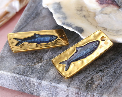 24K Gold (plated) Navy Blue Enamel Imprinted Fish Rectangle Focal 14x31mm