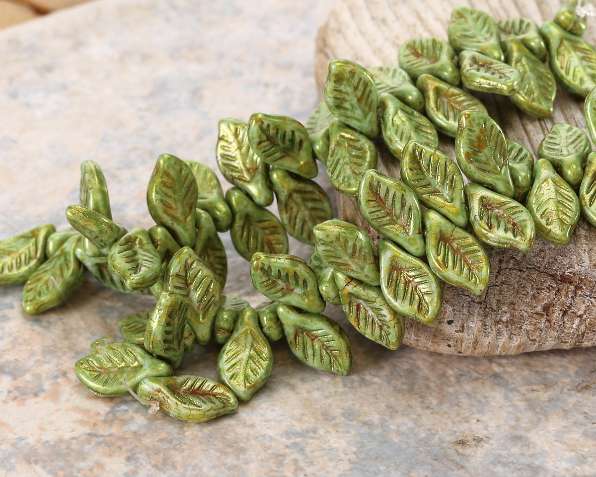 Czech Glass Green Stone w/ Bronze Luster Leaf Drop 6x12mm