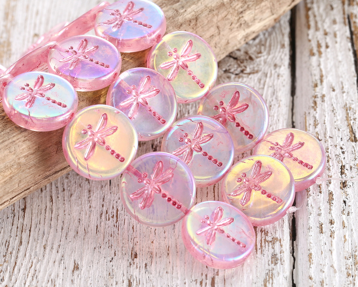 Czech Glass Crystal AB w/ Metallic Pink Dragonfly Coin 17mm