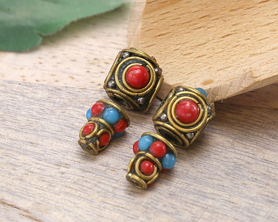 Nepalese Brass w/ Turquoise & Coral Dots Guru Bead 10x21mm