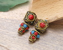 Nepalese Brass w/ Turquoise & Coral Dots Guru Bead 10x21mm
