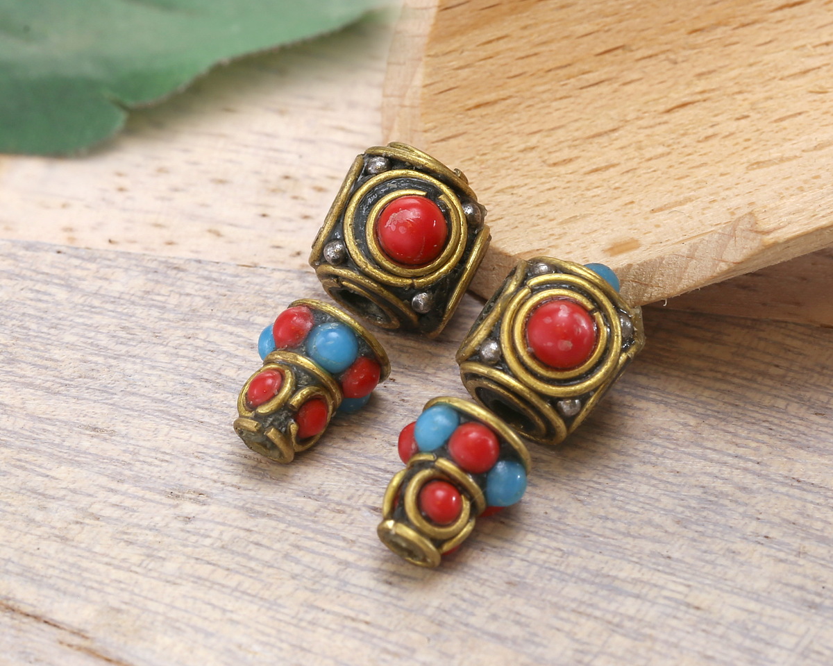 Nepalese Brass w/ Turquoise & Coral Dots Guru Bead 10x21mm
