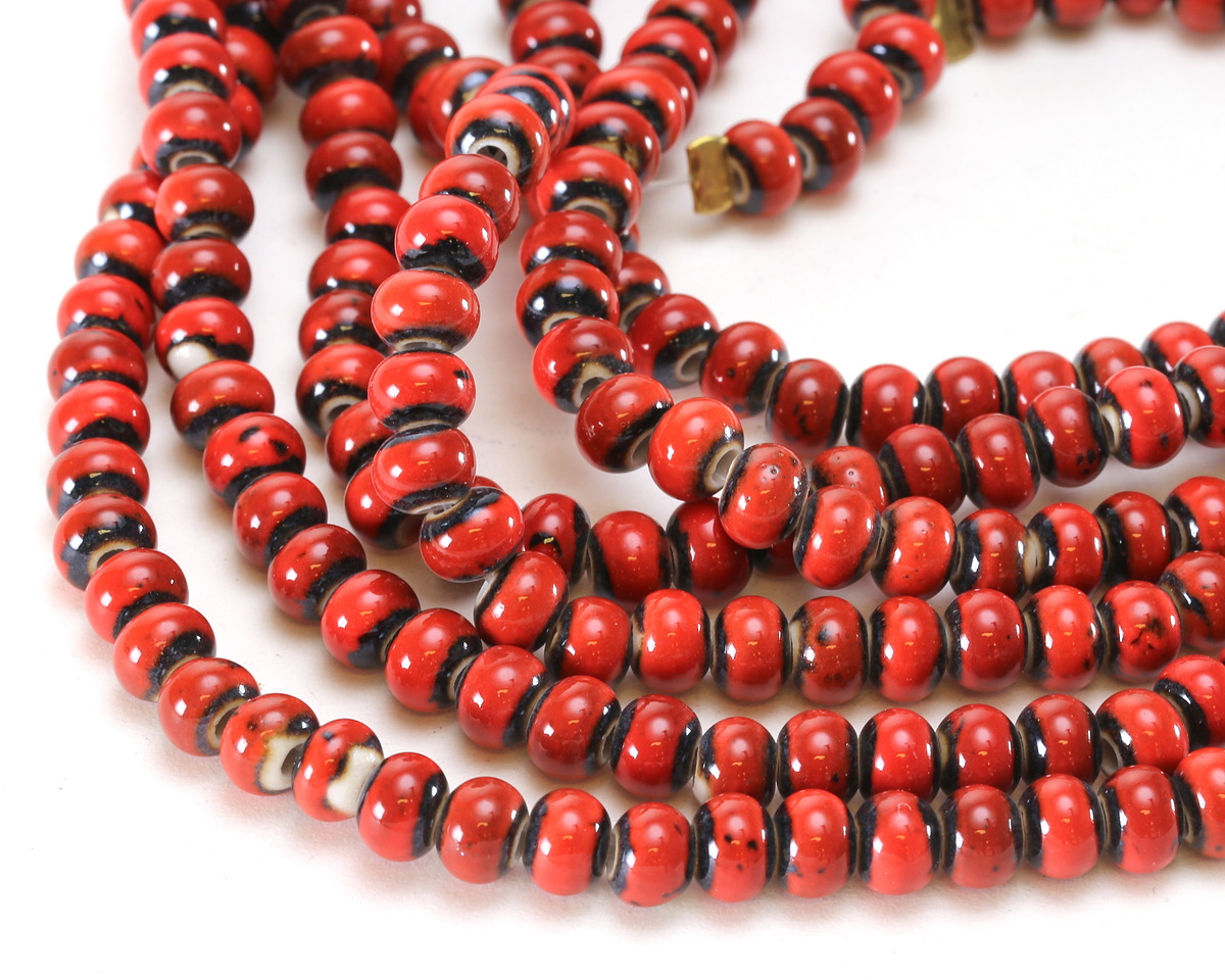 Matador Red w/ Speckles Banded Porcelain Tumbled Rondelle 5x7mm