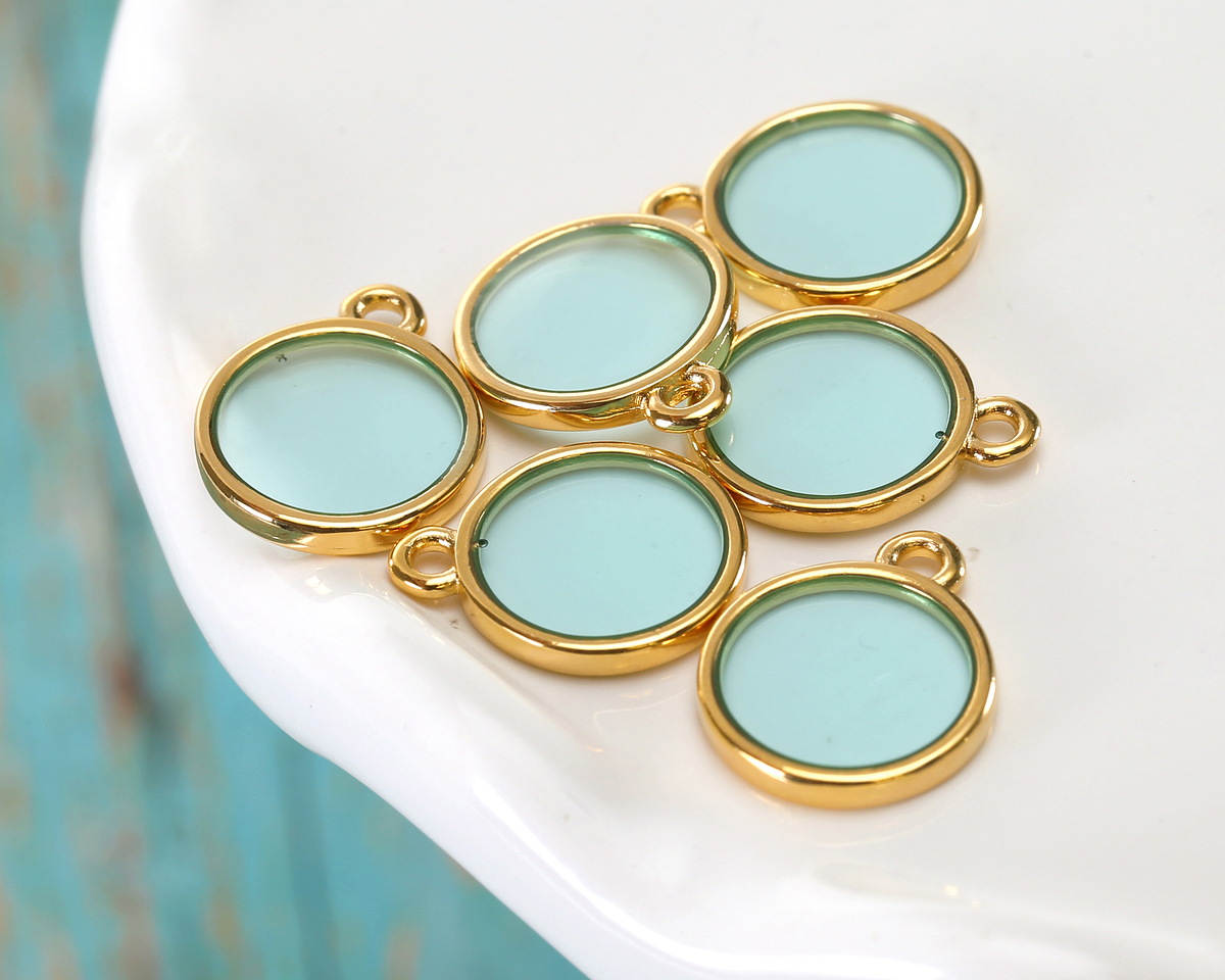 24K Gold (Plated) Transparent Sea Green Resin Round Focal 12x14mm