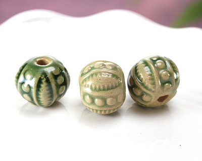 Golem Studio Bottle Green Circles & Notches Ceramic Round Bead 12-13x13mm
