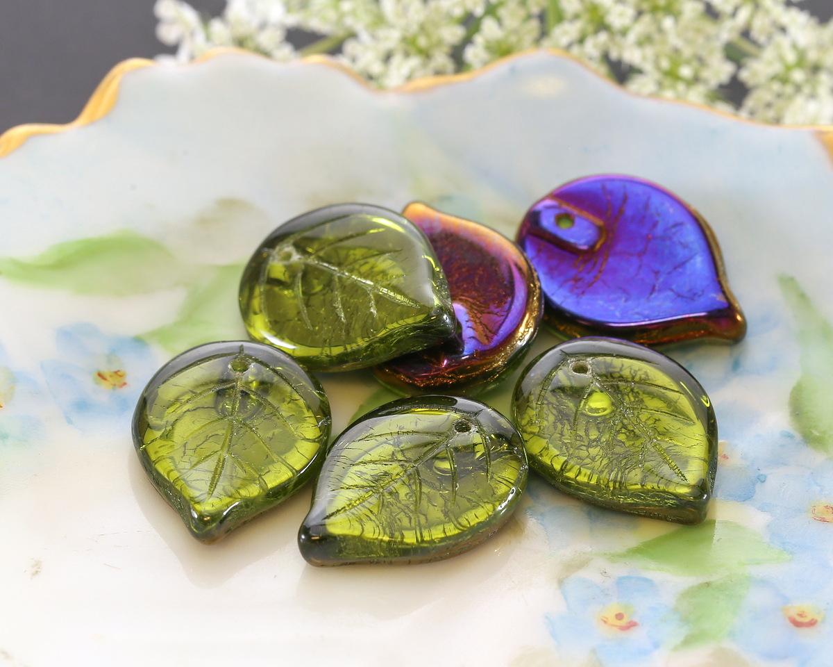 Czech Glass Olivine w/ Iris Purple (on back) Leaf Drop 18x13mm