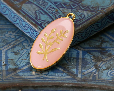 24K Gold (Plated) Blossom Pink w/ Gold Floral Design Focal 13x27mm