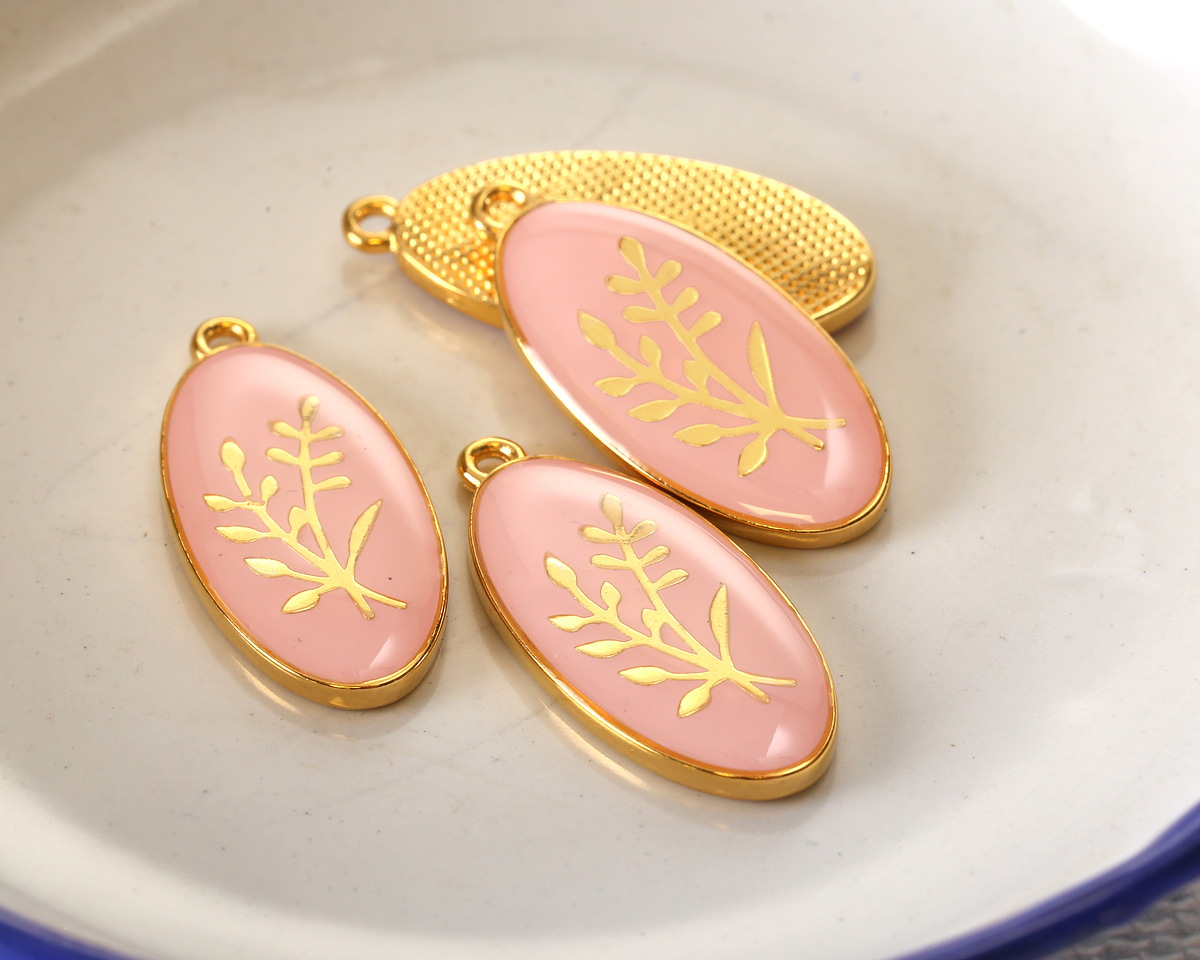 24K Gold (Plated) Blossom Pink w/ Gold Floral Design Focal 13x27mm
