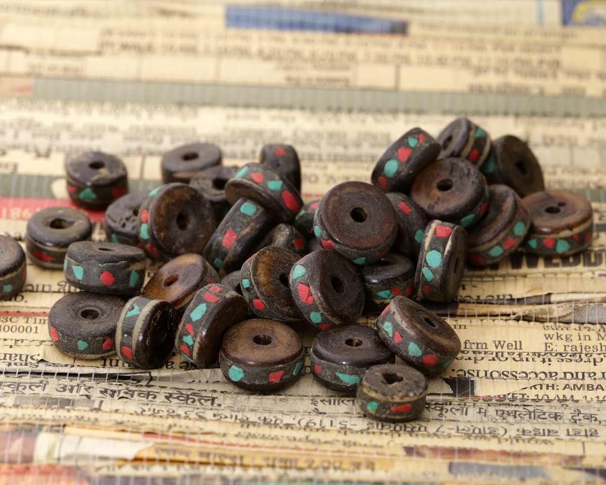 Nepalese Batiked Bone Coral & Turquoise Mosaic Wheel 5-6x10-11mm