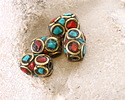 Nepalese Brass Barrel Bead w/ Coral & Turquoise Mosaic 10-11x7-8mm