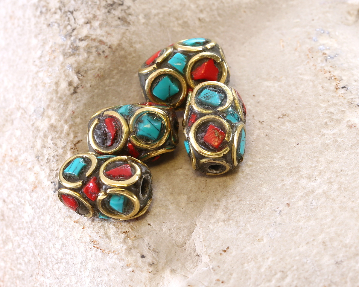 Nepalese Brass Barrel Bead w/ Coral & Turquoise Mosaic 10-11x7-8mm
