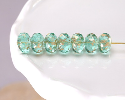 Czech Glass Island Blue w/ Gold Fire Polished Rondelle 6x9mm