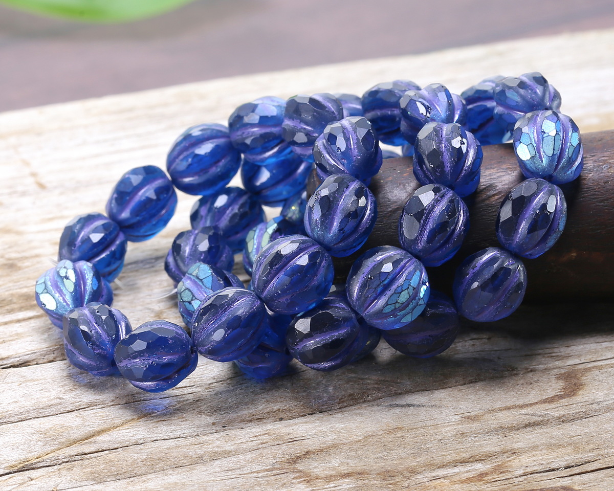 Czech Glass Pacific Blue AB w/ Purple Faceted Melon Round 10mm