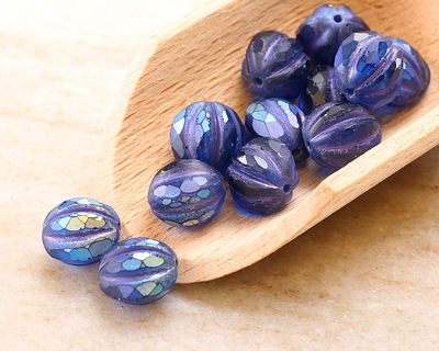Czech Glass Pacific Blue AB w/ Purple Faceted Melon Round 10mm