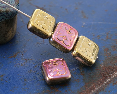 Czech Glass Metallic Pink & Gold Ornamental Rectangle 11x12mm