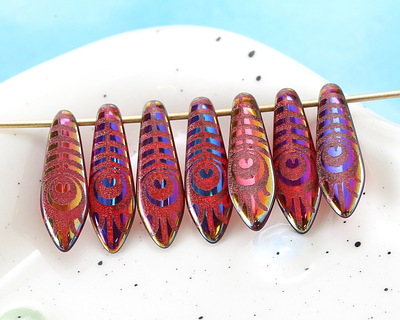 Czech Glass Laser Etched Peacock Feather on Garnet w/ Metallic Rainbow 8mm