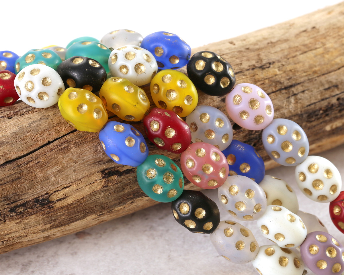 Czech Glass Matte Multi-Color w/ Gold Dimpled Rice 12x10mm