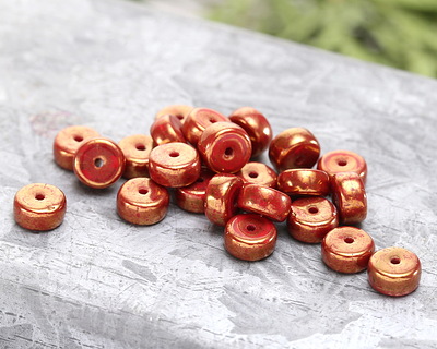 Czech Glass Red w/ Gold Luster Heishi 3x6mm