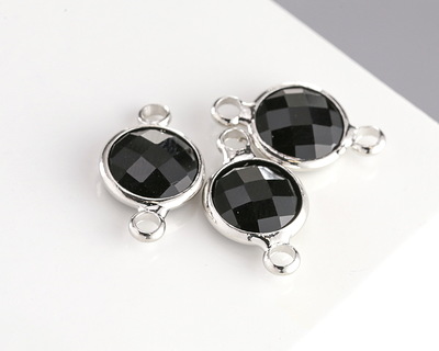 Jet Crystal Round Link in Silver Finish Bezel 14.5x8.5mm
