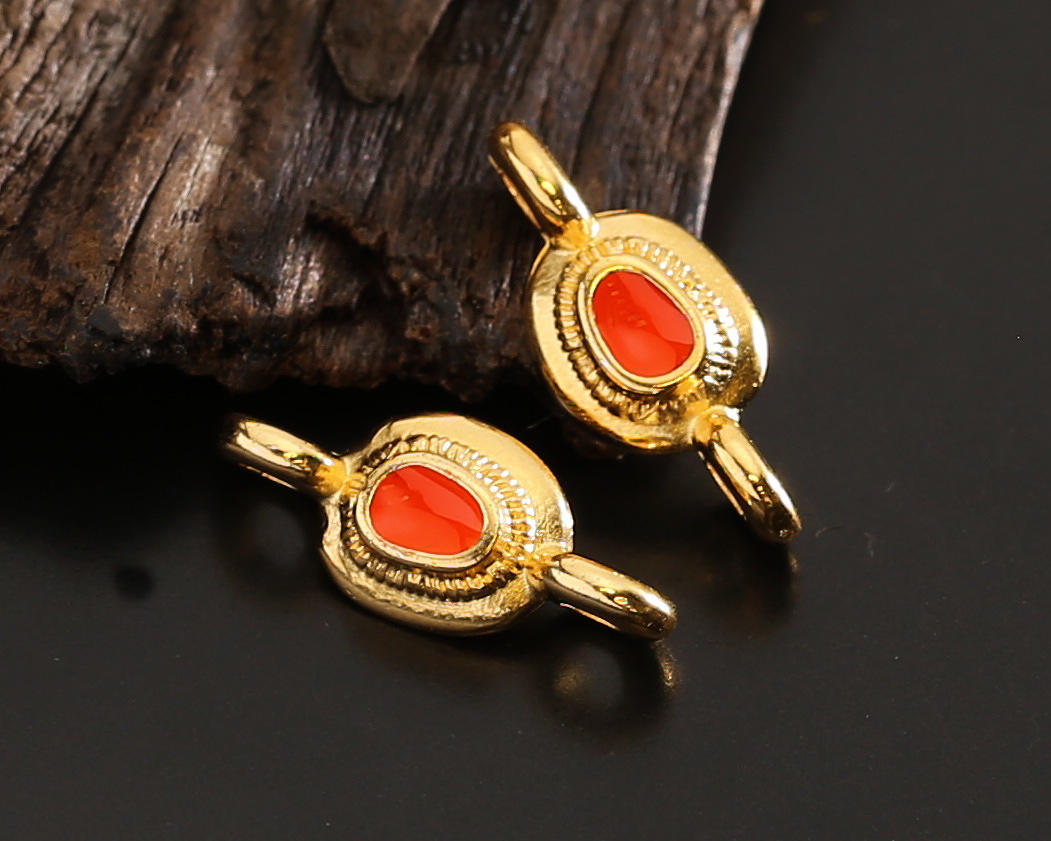 24K Gold (plated) Hyacinth Enamel Ornate Organic Oval Focal Link 15x7mm