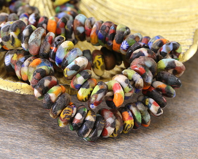 African Recycled Glass & Seed Bead Black w/ Multi Color Mix Mini Donut 5-6x13-15mm