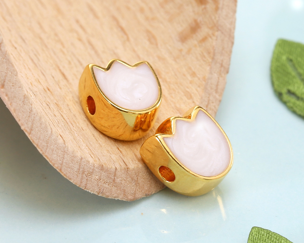 24K Gold (plated) White Pearl Enamel Tulip Bead 7.5x9mm