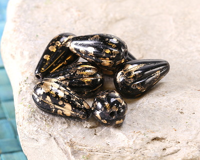 Czech Glass Jet w/ Antique Gold Melon Teardrop 13x8mm