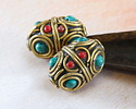 Nepalese Brass Double Rings w/ Turquoise & Coral Dots Rice Bead 21-22x15mm