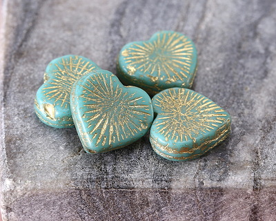 Czech Glass Green Turquoise w/ Gold Starburst Heart 13x14mm