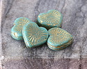 Czech Glass Green Turquoise w/ Gold Starburst Heart 13x14mm