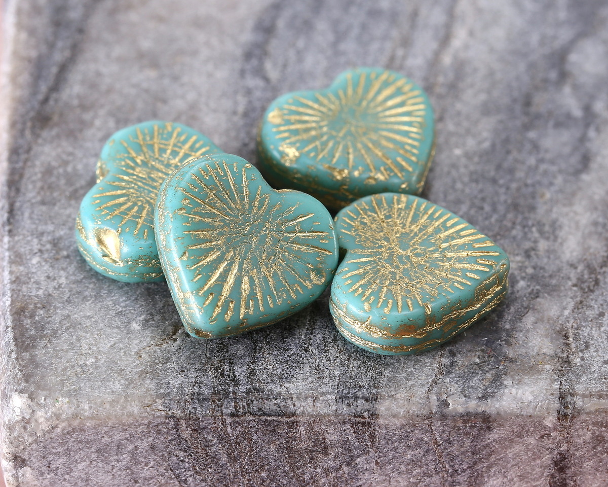 Czech Glass Green Turquoise w/ Gold Starburst Heart 13x14mm