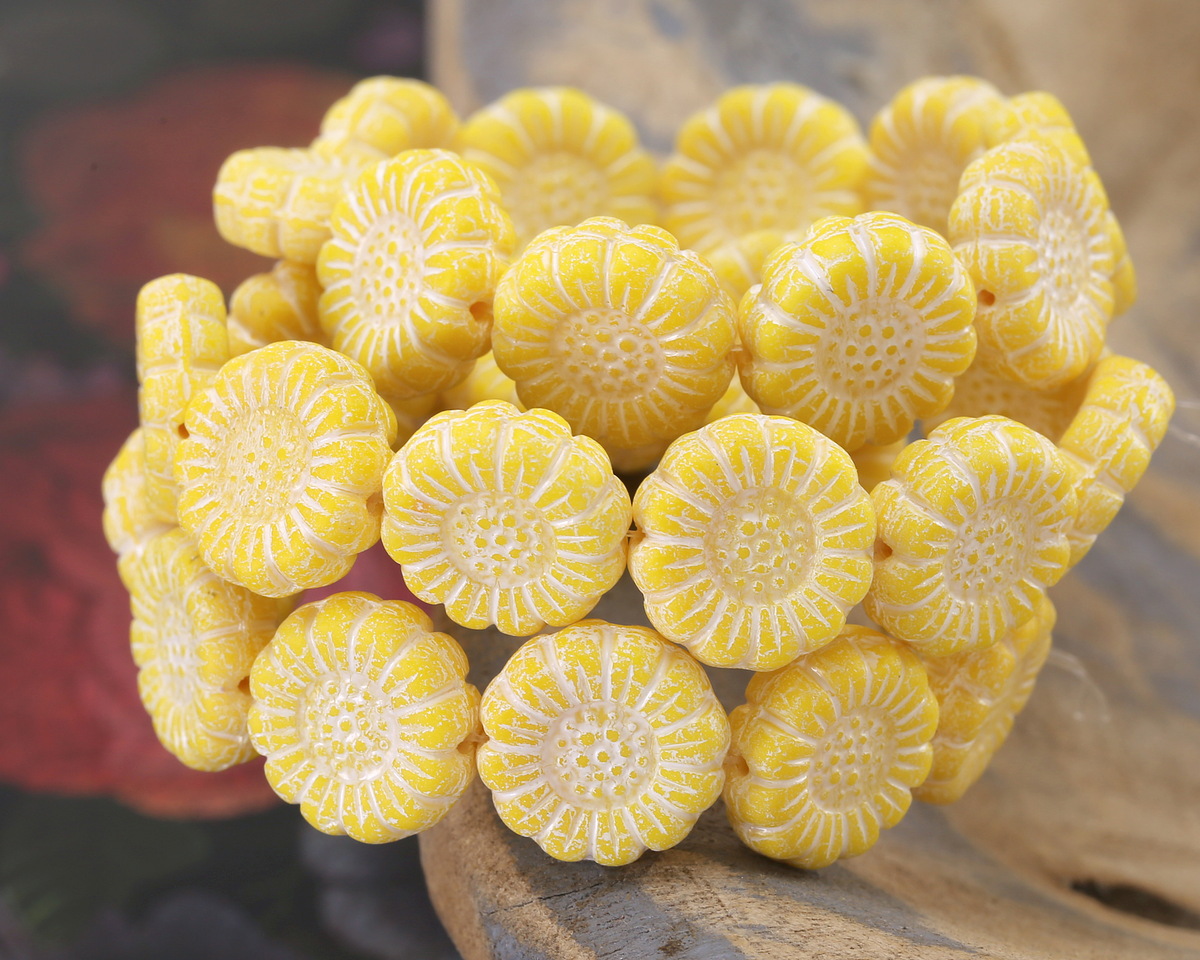 Czech Glass Dandelion w/ White Wash Sunflower 13mm