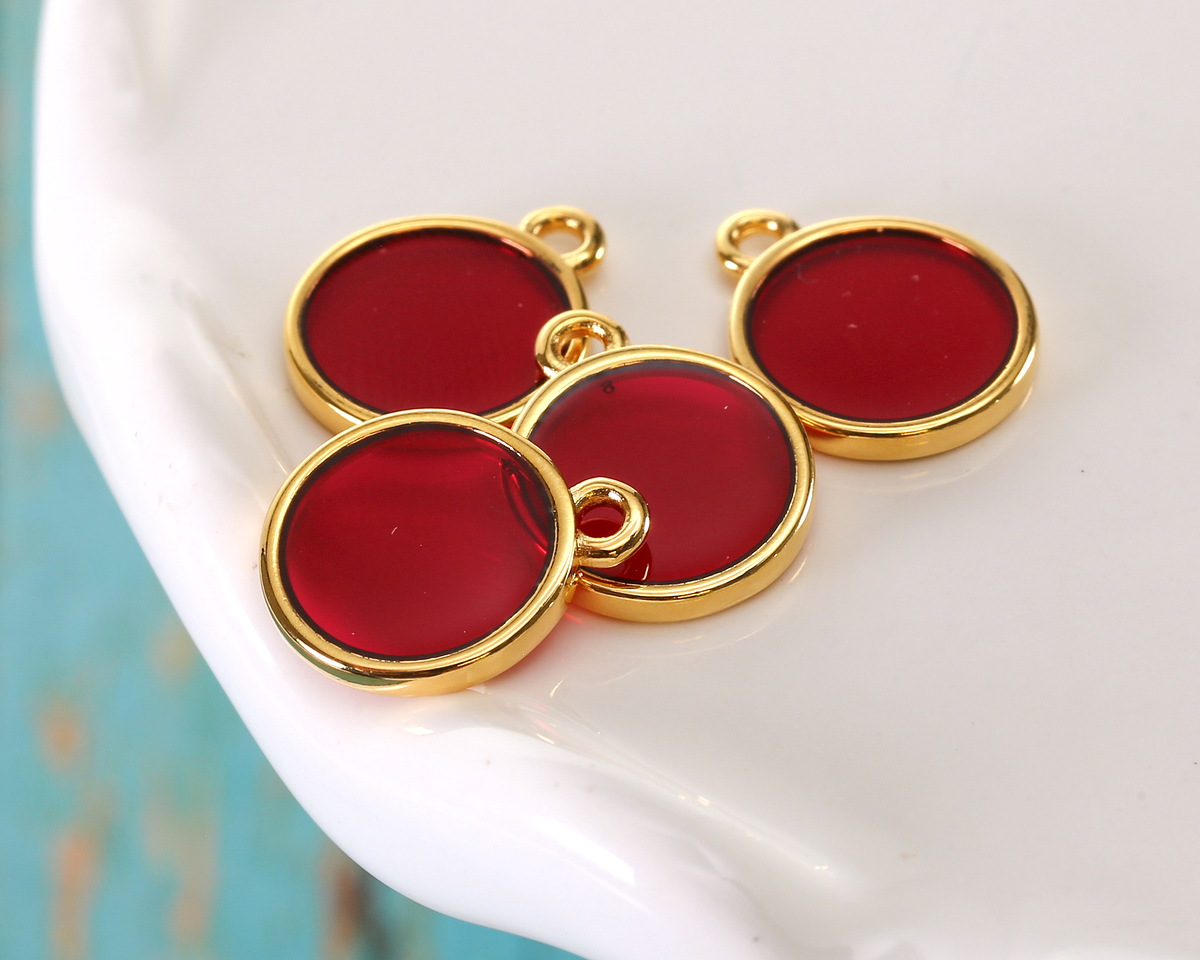 24K Gold (Plated) Transparent Ruby Red Resin Round Focal 12x14mm