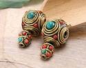 Nepalese Guru Bead w/ Turquoise & Coral Dots in Brass Concentric Circles 21x34mm