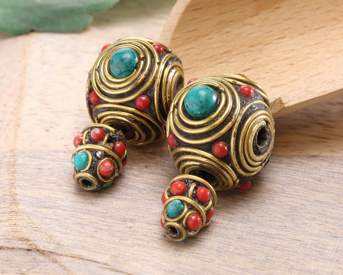 Nepalese Guru Bead w/ Turquoise & Coral Dots in Brass Concentric Circles 21x34mm