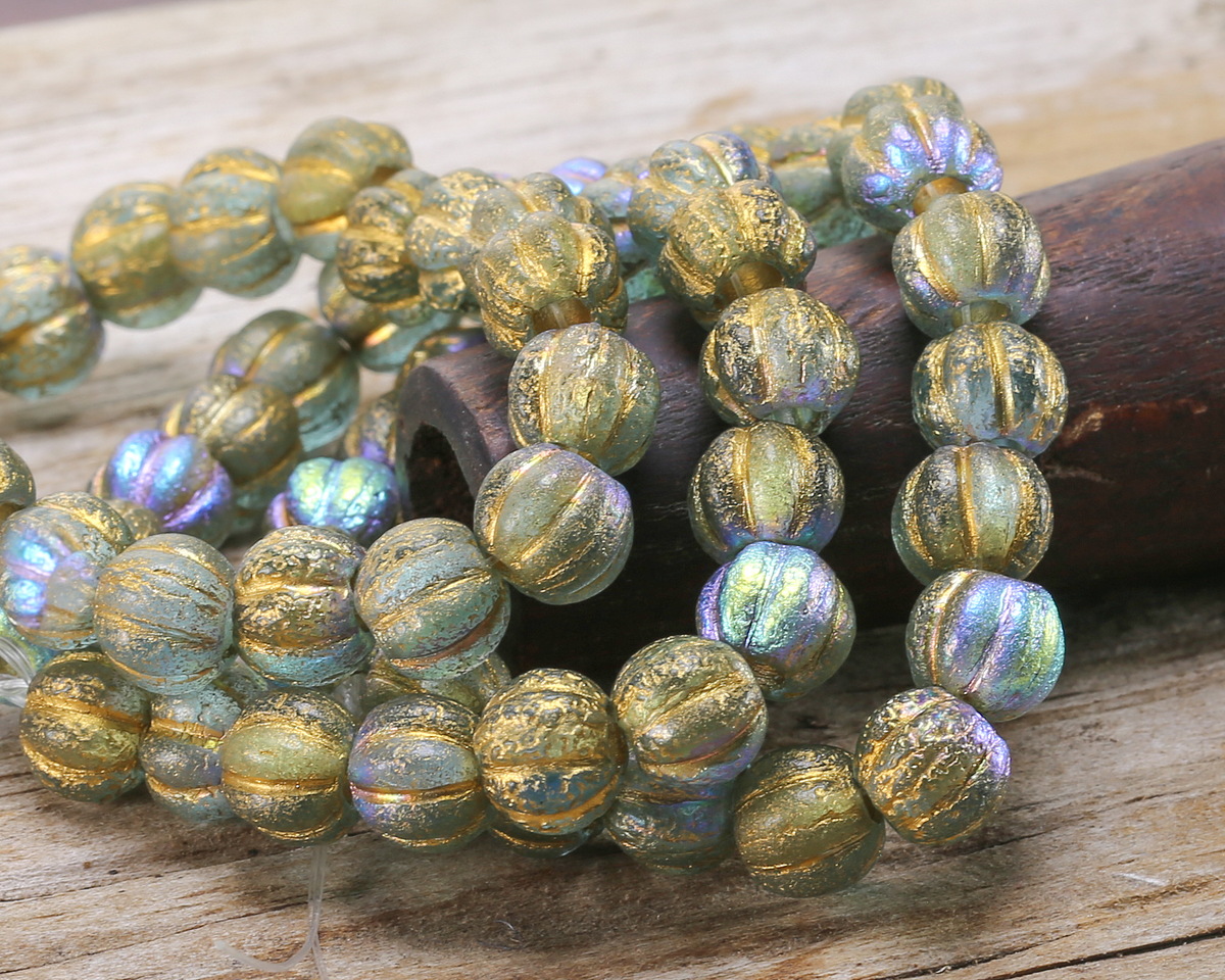 Czech Glass Textured Aquamarine AB w/ Gold Large Hole Melon Round 8mm