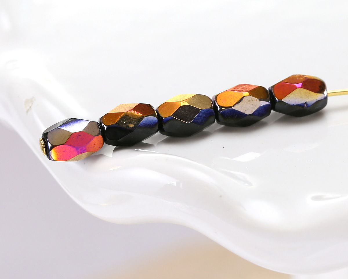 Czech Glass Jet w/ Metallic Rainbow Fire Polished Faceted Rice 7x5mm