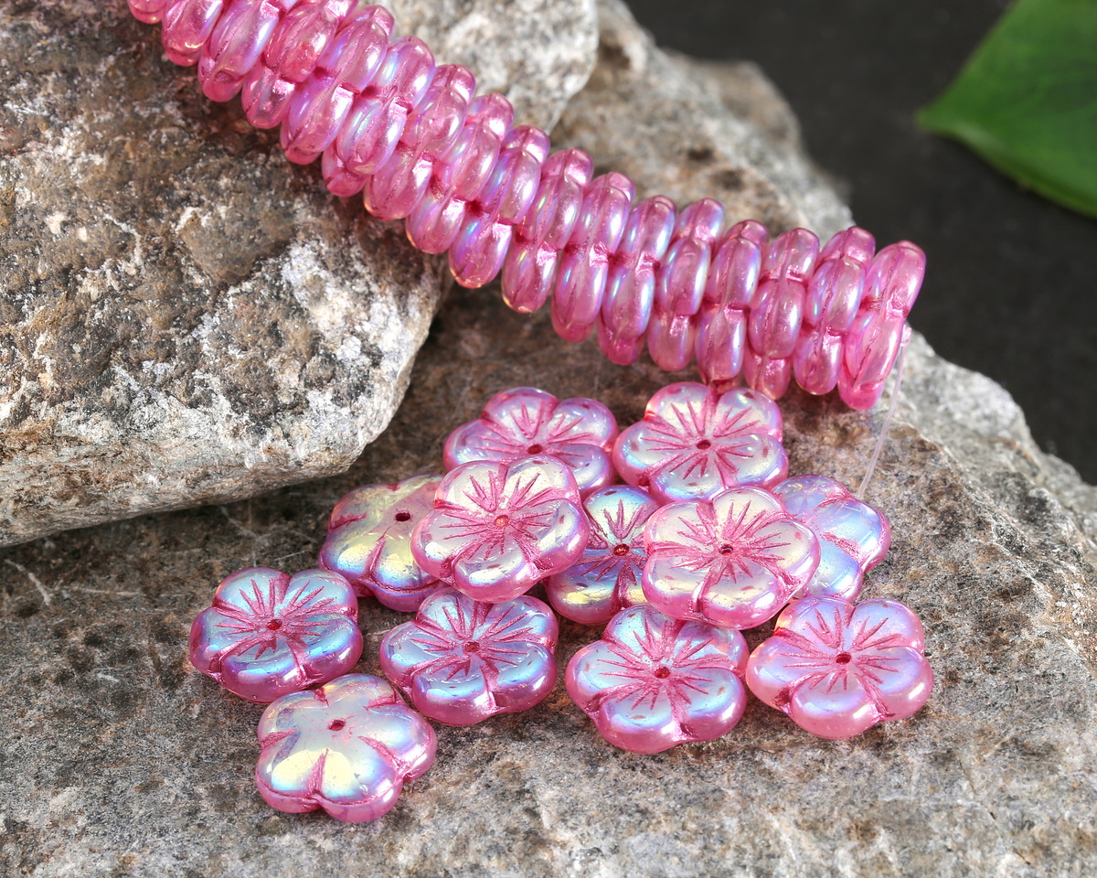 Czech Glass Pink Lustered Crystal AB Flower 14mm