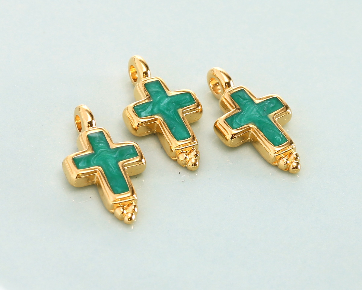 24K Gold (plated) Emerald Pearl Enamel Cross Focal 9x17mm