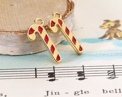 24K Gold (plated) Enamel Candy Cane Focal 8x17.5mm