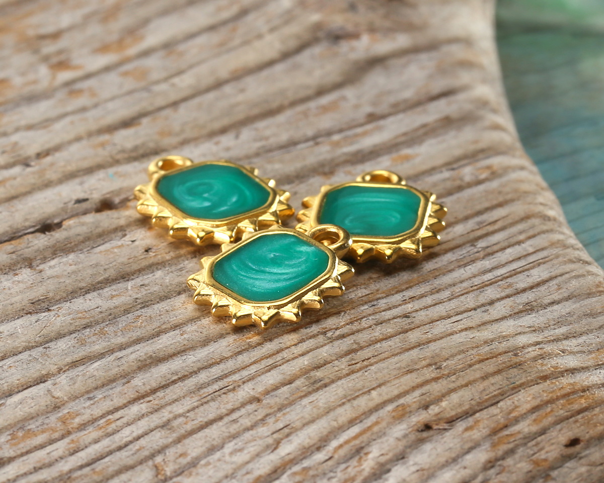 24K Gold (plated) Emerald Pearl Enamel Square Sun Focal 10.5x12.5mm