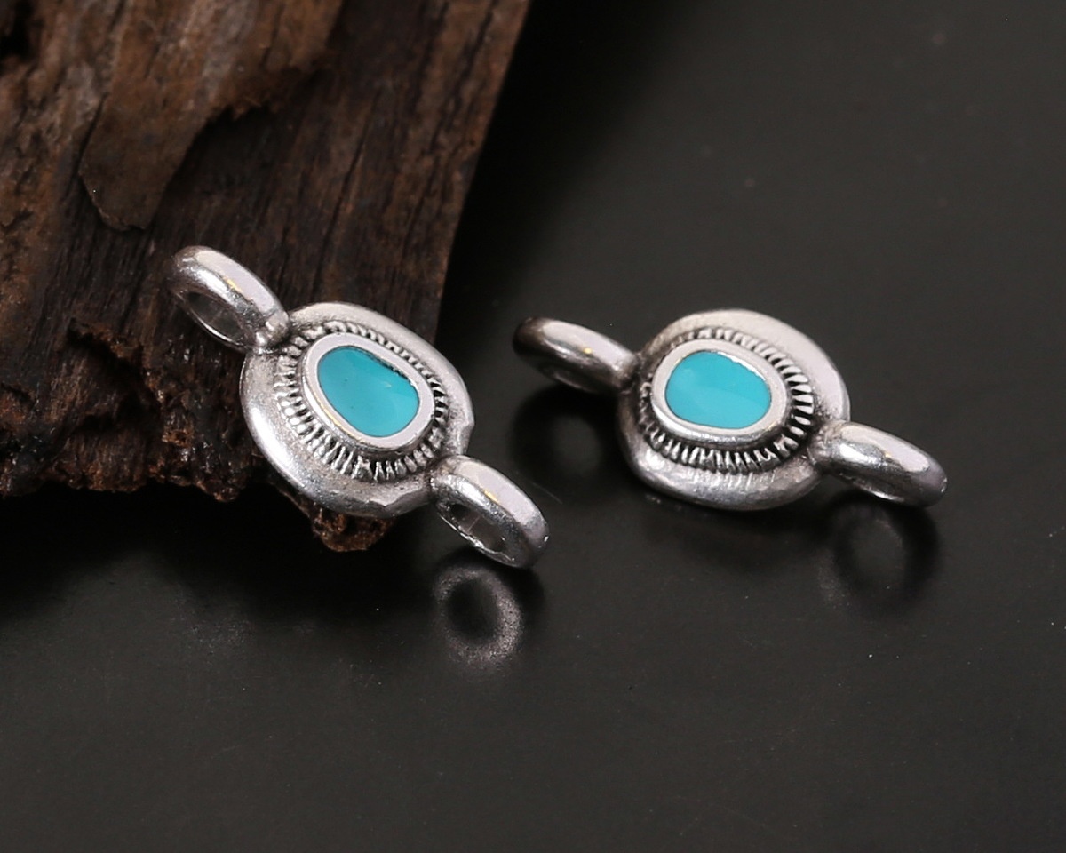 Antique Silver (plated) Turquoise Enamel Ornate Organic Oval Focal Link 15x7mm