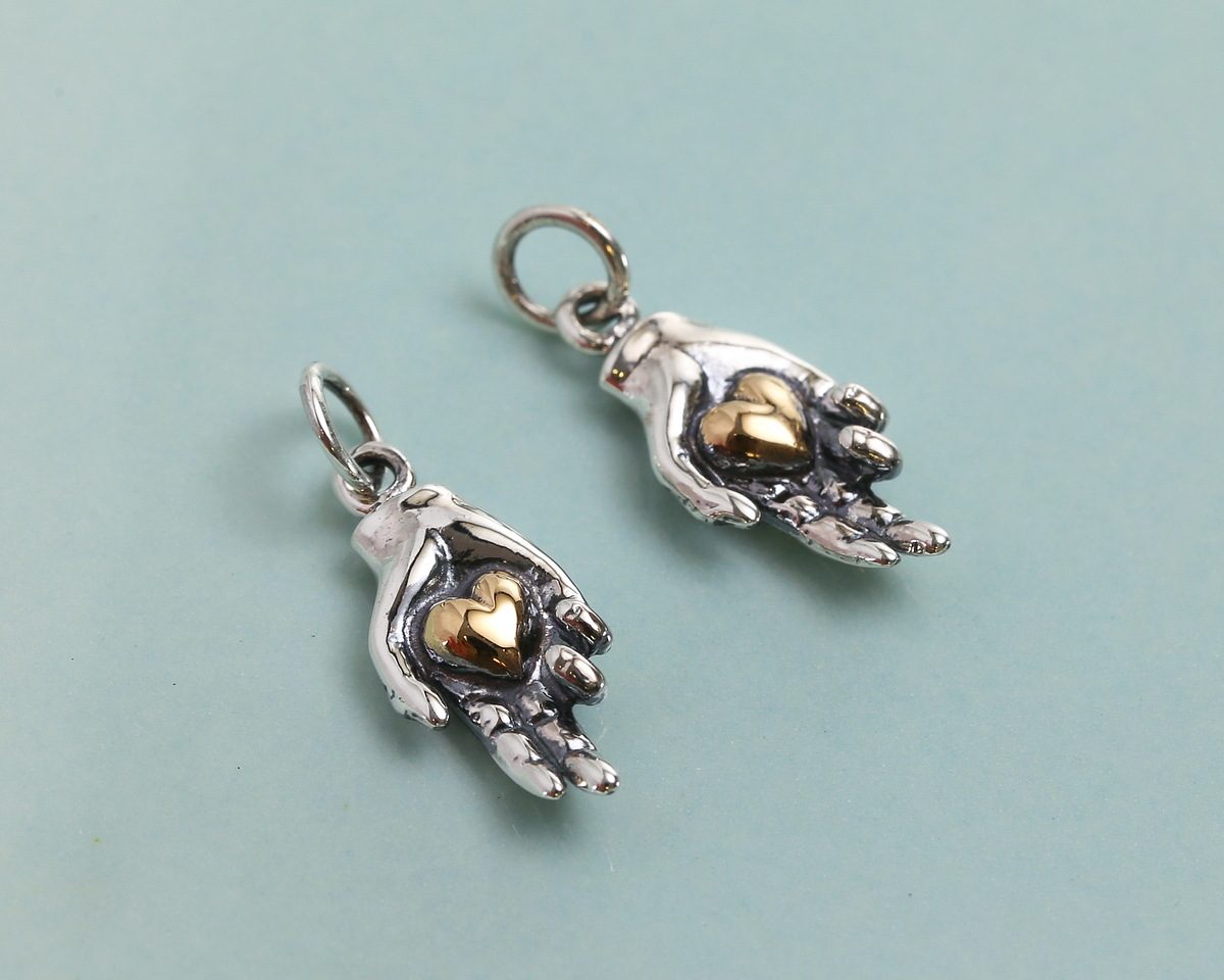 Nina Designs Sterling Silver Hand Holding Bronze Heart Charm 7x20mm