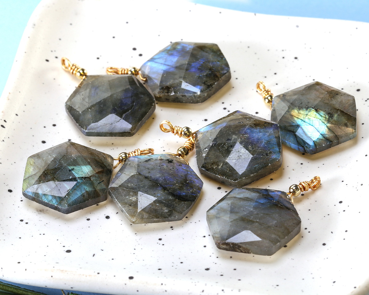 Labradorite w/ Gold Finish Faceted Hexagon Wire Wrapped Pendant 20x25mm