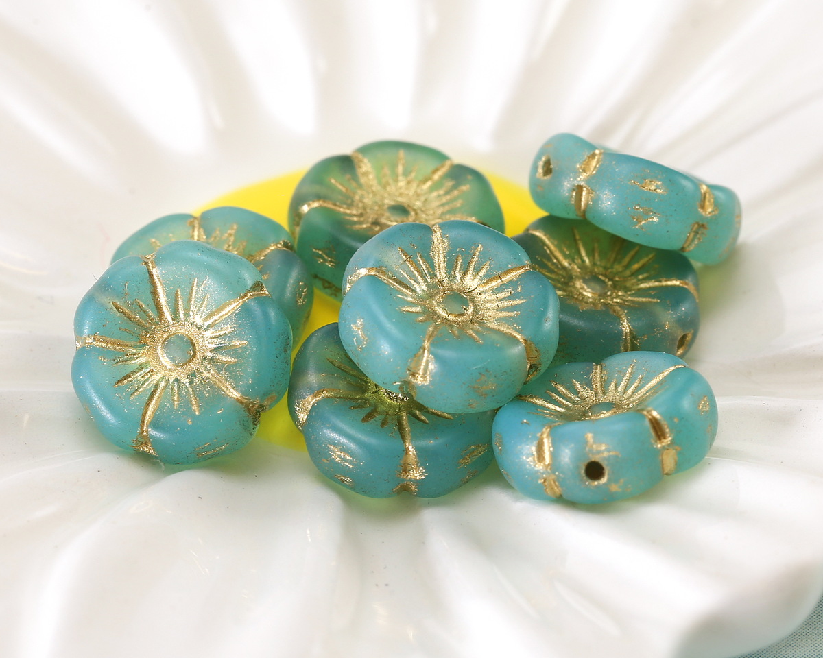 Czech Glass Green Opal w/ Gold Hibiscus Coin 12mm