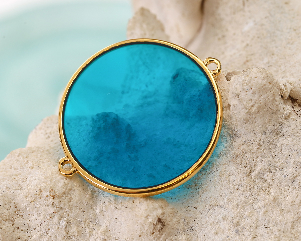 24K Gold (Plated) Transparent Turquoise Resin Round Focal Link 33x30mm