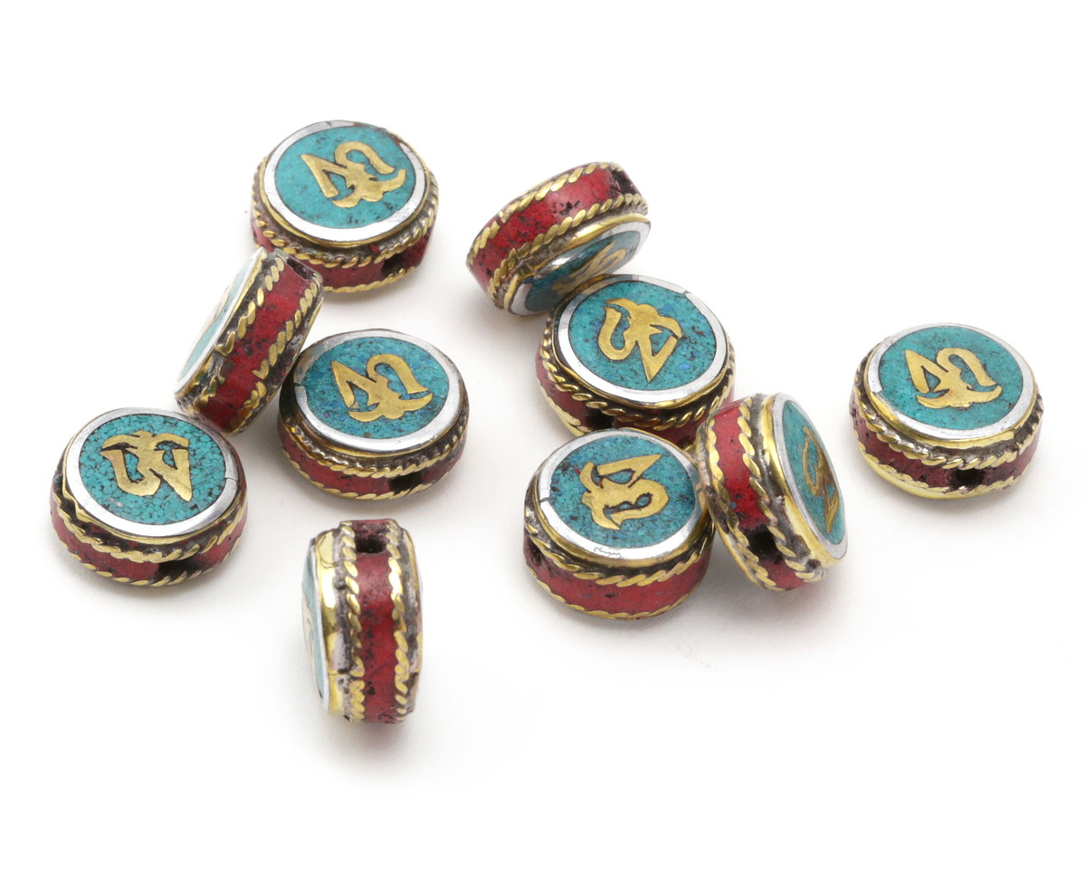 Nepalese White Brass & Brass "Om" Coin Bead w/ Turquoise & Coral 16mm